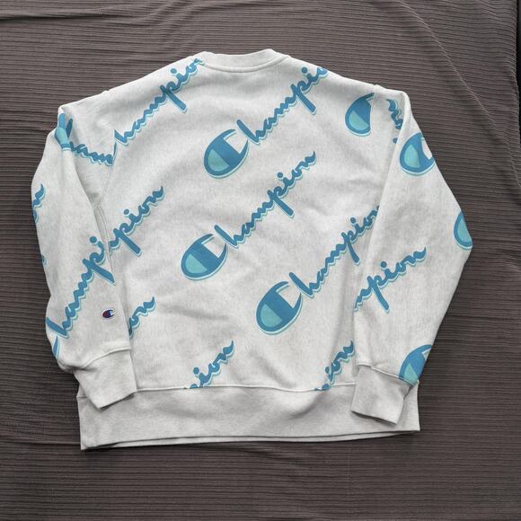 Champion Reverse Weave Sweatshirt Mens 2XL Gray Blue All Over Logo Pullover Crew - Picture 2 of 10